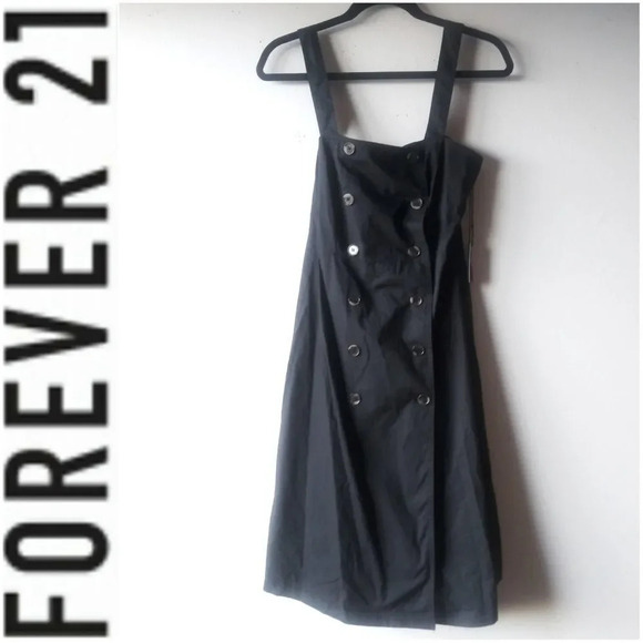 FOREVER 21 WOVEN DOUBLE BUTTON DRESS - BLACK - Picture 1 of 4